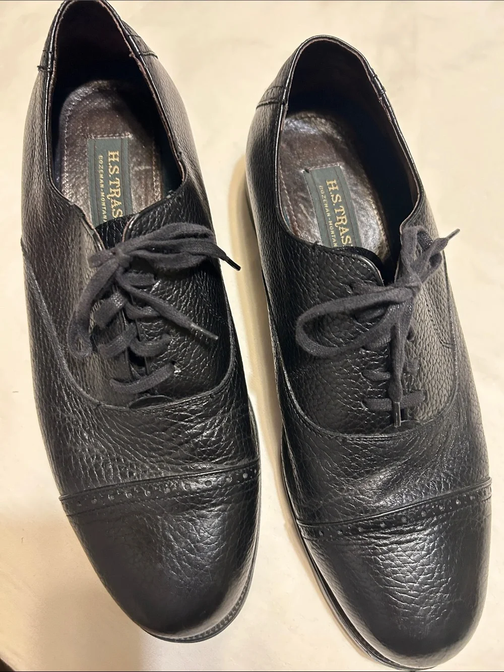 H. Stres Black Pebble-Grain Cap-Toe Derby Shoes